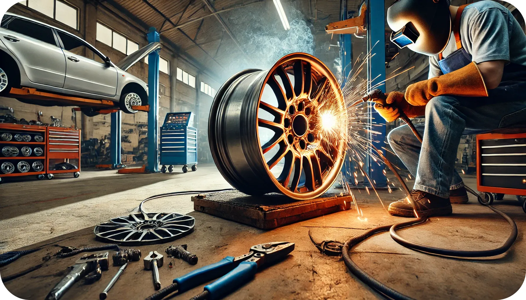 DALL·E 2024-11-07 09.29.21 - A wide, detailed image of a car wheel undergoing dent repair and welding in an industrial workshop. The wheel is mounted and a technician is using wel (1)